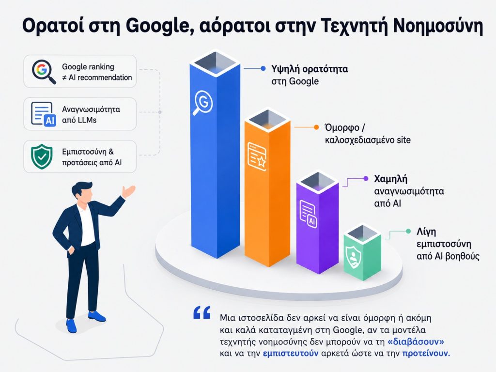 Γράφημα που δείχνει υψηλή ορατότητα στη Google αλλά χαμηλή αναγνωσιμότητα και εμπιστοσύνη από μοντέλα τεχνητής νοημοσύνης.